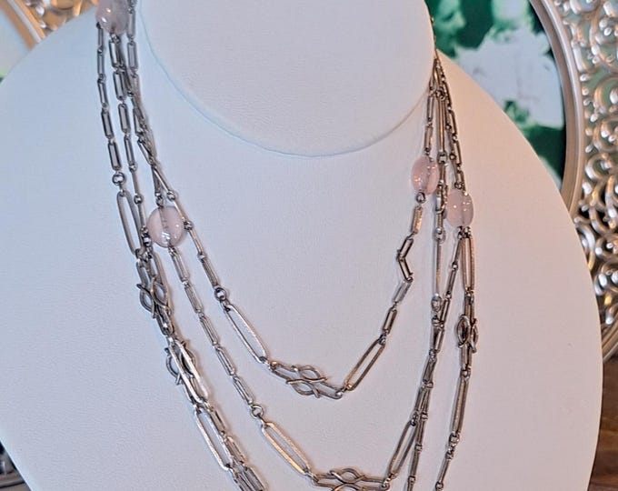 Vintage Sterling Silver Art Deco Chain with Rose Quartz Beads