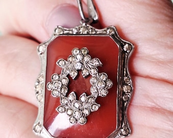 Vintage Art Deco Carnelian and Rhinestone Sterling Silver Pendant with Chain