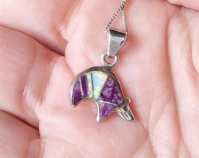 Small Sterling Silver Gemstone Mosaic Southwestern Bear Pendant