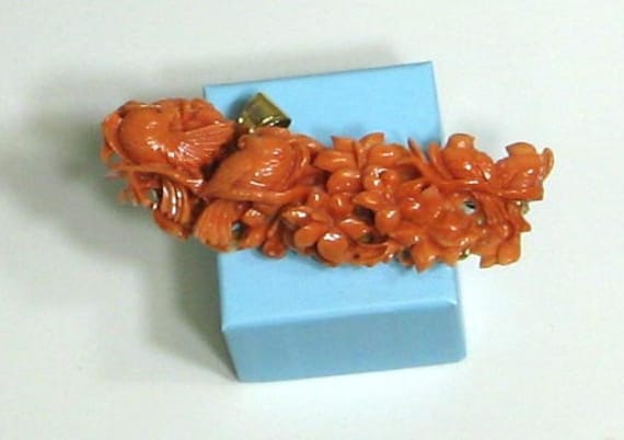 Vintage Mid Century Coral Carved Bird and Coral P… - image 1