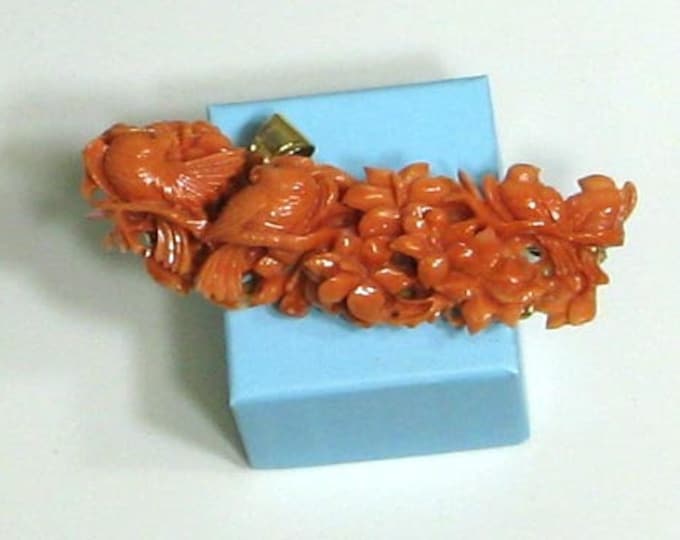 Vintage Mid Century Coral Carved Bird and Coral Pendant