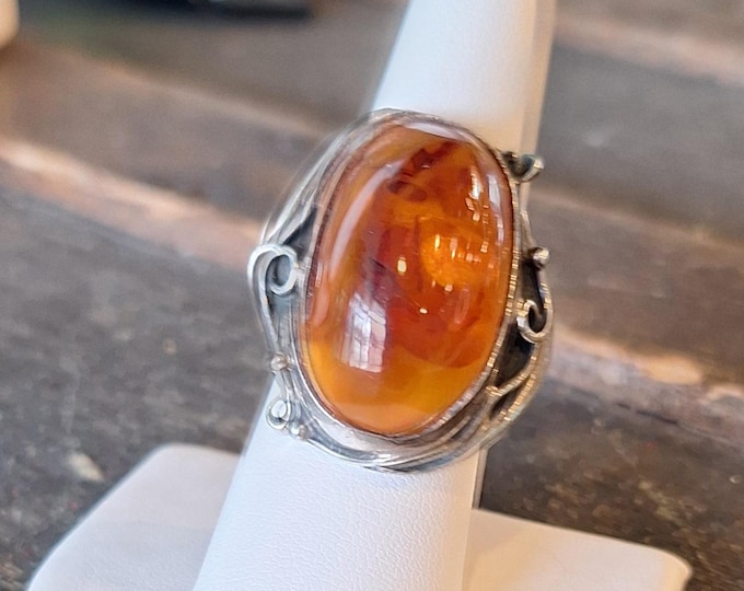 Large Amber Cabochon Floral Style Sterling Silver Ring
