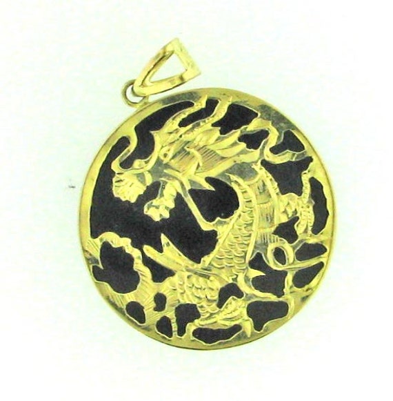 14K Gold Shay Dragon on Black Pendant - image 1