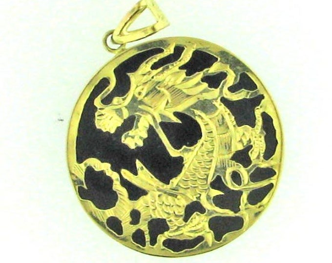 14K Gold Shay Dragon on Black Pendant