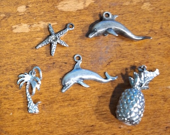 Vintage Sterling Silver Tropical Themed Charms Dolphin Pineapple Starfish Palm Tree