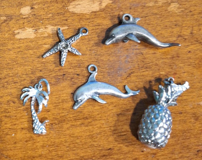 Vintage Sterling Silver Tropical Themed Charms Dolphin Pineapple Starfish Palm Tree