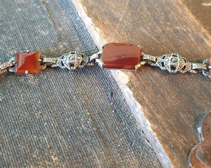 Vintage Art Deco Silver Carnelian and Marcasite Bracelet