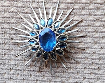 Vintage Art Deco Silver Tone Royal Blue Rhinestone Brooch