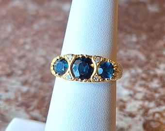 14K Yellow Gold Teal Natural Sapphire Three Stone Ring