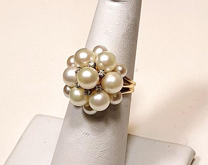 Beautiful Unique Pearl Cluster Ring with Diamond Accents