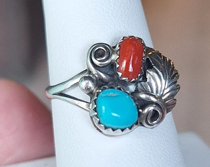 Dainty Sterling Silver Native American Turquoise and Coral Ring