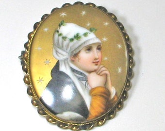 Vintage Edwardian Virgin Mary Painted Ceramic Brooch Pin