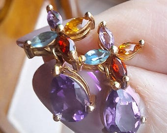 14K Yellow Gold Colorful Multi-gemstone Dangle Earrings