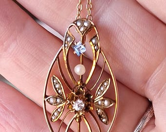 Gold Edwardian Diamond Sapphire and Pearl Pendant and Chain