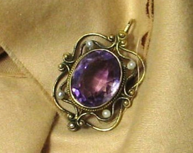 Vintage Edwardian Gold Amethyst and Pearl Pendant