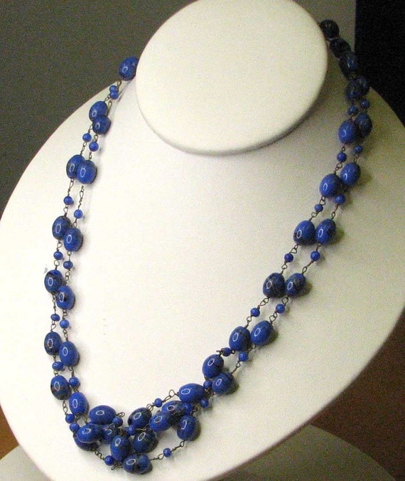 Long Blue Venetian Glass Bead Strand