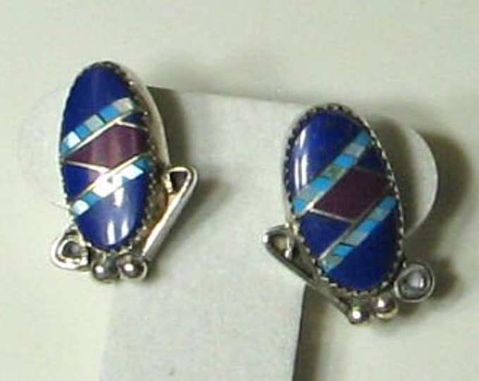 Vintage AGR Lapis Lazuli Mosaic Sterling Silver Earrings