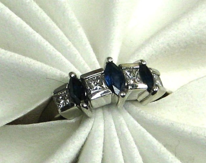 Platinum Marquise Sapphire and Princess Cut Diamond Ring