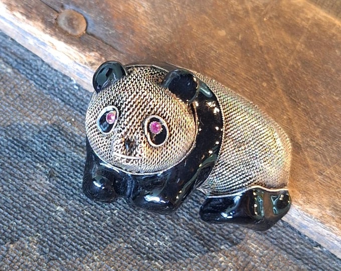 Vintage Art Deco Sterling Silver Mesh and Enamel Panda Brooch