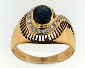 Vintage 80s Yellow Gold Sapphire and Diamond Ring