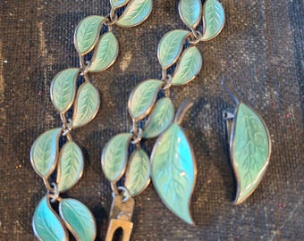 Vermeil Norwegian Light Teal Enamel Leaf Bracelet and Earring Set