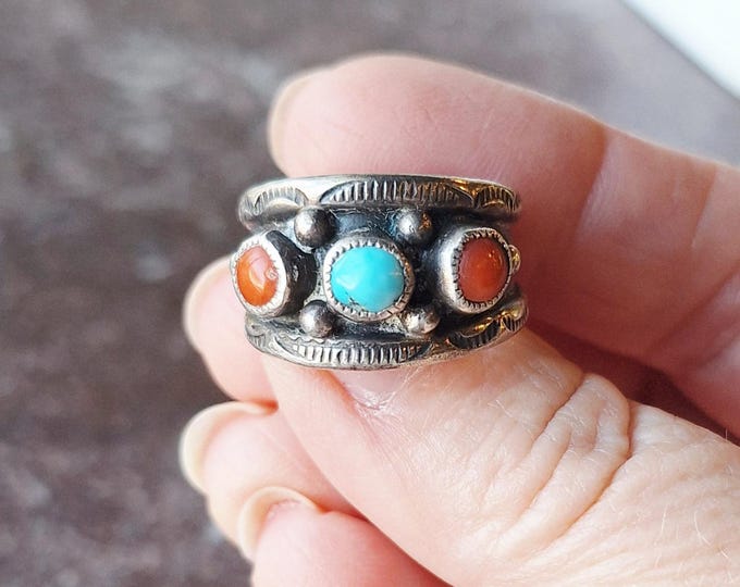 Sterling Silver Native American Coral and Turquoise Ring