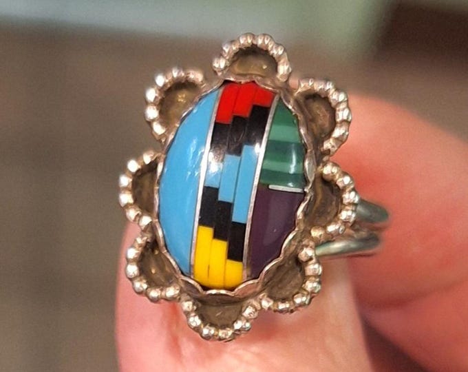 Colorful Navajo Inlay Mosaic Sterling Silver Ring