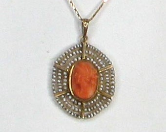 Vintage Victorian Gold Coral and Pearl Cameo Pendant