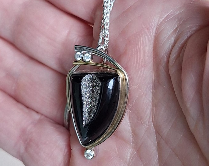 Avant Garde 14K White and Yellow Gold Black Druzy and Diamond Pendant