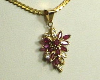 14K Yellow Gold Natural Ruby and Diamond Cluster Pendant