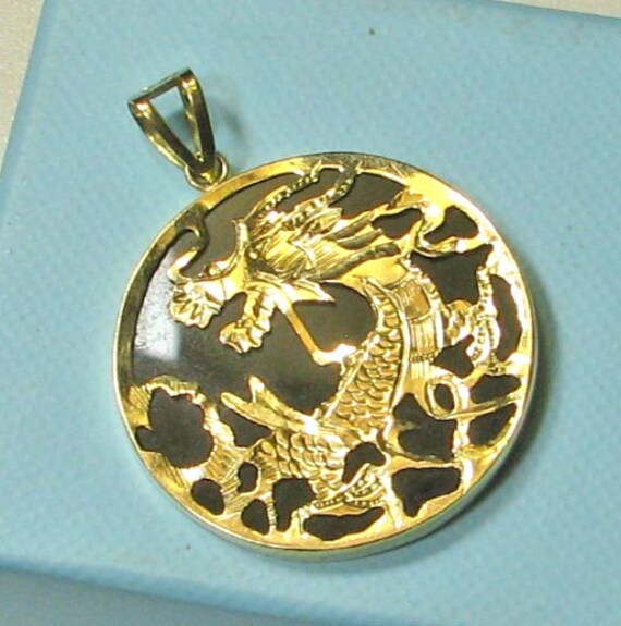 14K Gold Shay Dragon on Black Pendant - image 2