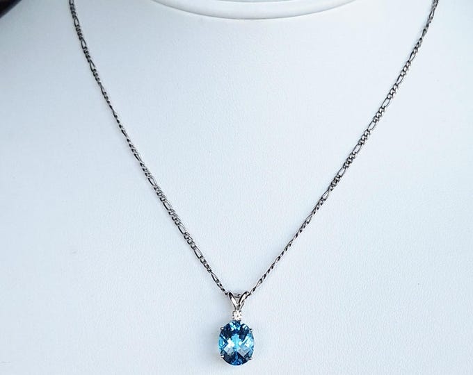 14K White Gold London Blue Topaz and Diamond Pendant