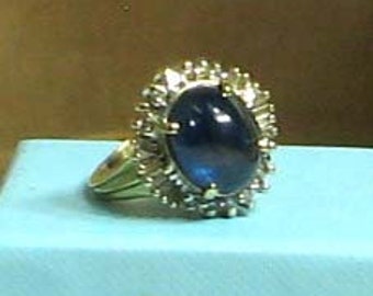 Princess Diana Style Natural Unheated Cabochon Sapphire and Diamond Ring