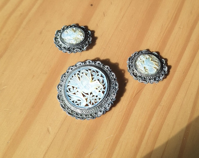 Vintage Bethlehem Sterling Silver Mother of Pearl Bird with Cherries Pendant/Brooch Earring Set
