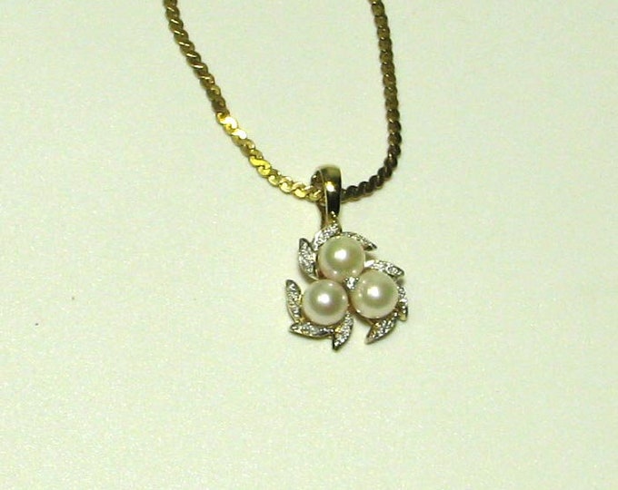 Gold Three Pearl and Diamond Pendant