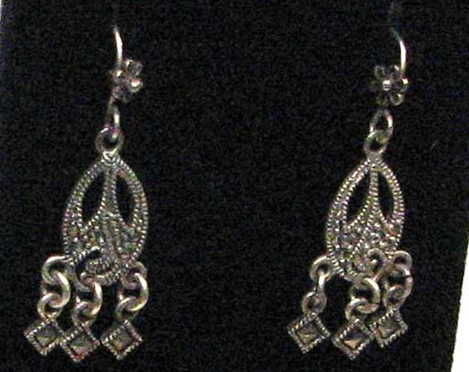 Adorable Sterling Silver Marcasite Dangle Drop Earrings