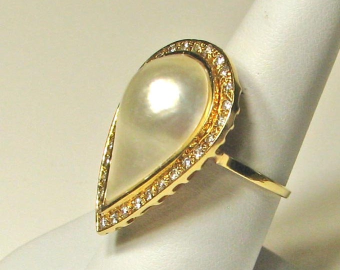 Large Mabe Pearl and Diamond Gold Ring