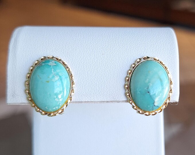 14K Yellow Gold Oval Turquoise Earrings
