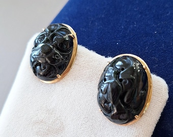 14K Yellow Gold Framed Black Jadeite Jade Carved Bird Earrings
