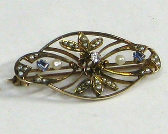 Gold Edwardian Diamond Sapphire and Pearl Pin Brooch