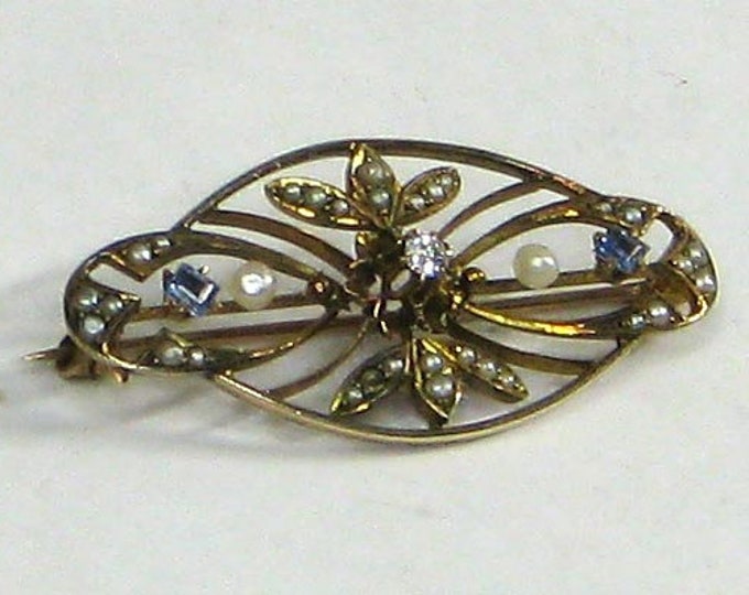 Gold Edwardian Diamond Sapphire and Pearl Pin Brooch