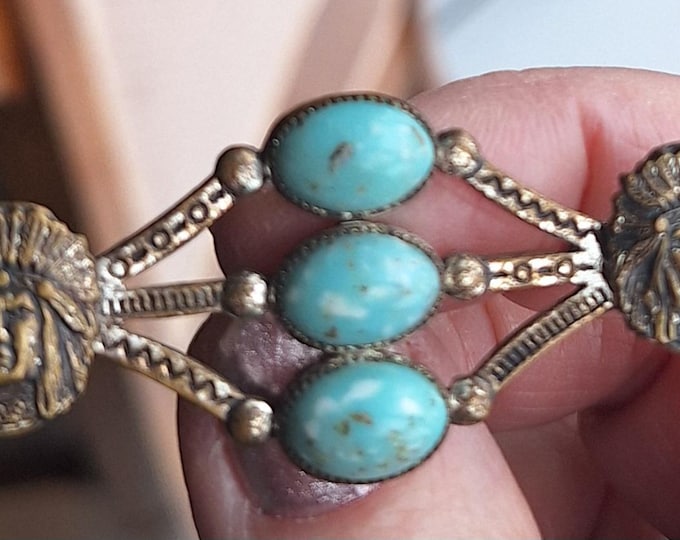 Vintage Art Deco Native American Chief Themed Turquoise Brooch