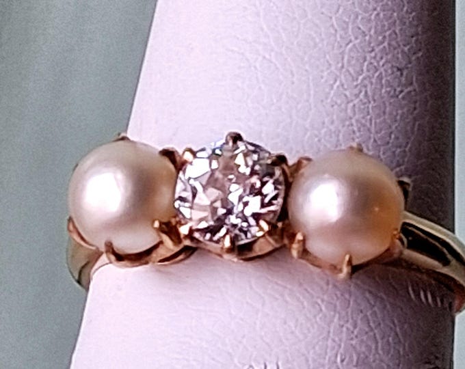 PRICE REDUCED Vintage Gold Old Mine Cut Diamond and Natural Pearl Ring