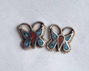 Sterling Silver Turquoise and Coral Mosaic Butterfly Earrings