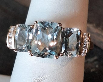 14K Three Stone Aquamarine Ring with Diamonds