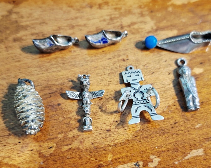 Vintage Sterling Silver Charms Native American Chief Navajo Pinecone Wooden Shoe Totem Pole