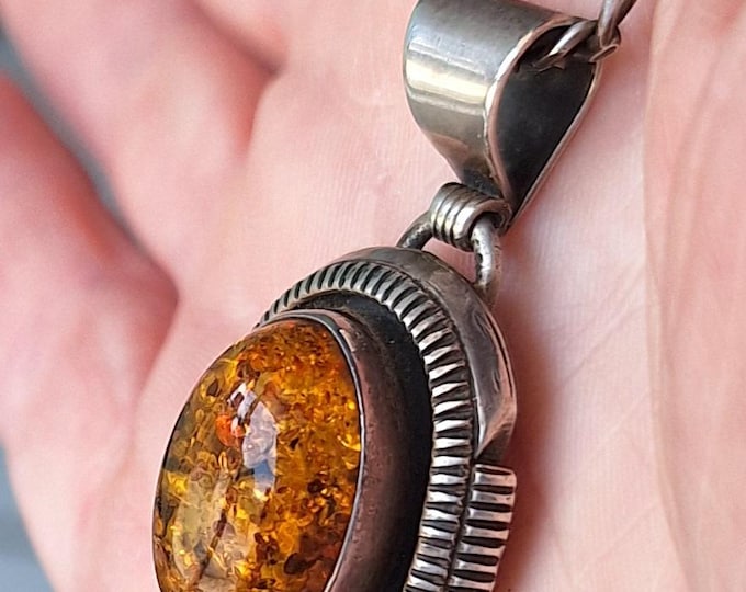 Sterling Silver Amber Pendant with 18 Inch Chain
