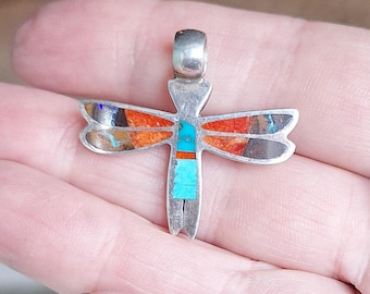 Vintage Sterling Silver Zuni Rolanda Haloo Mosaic Dragonfly Pendant