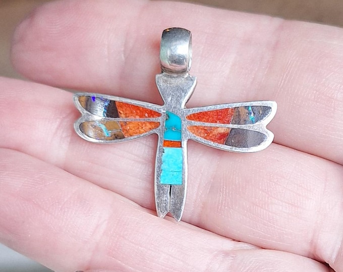 Vintage Sterling Silver Zuni Rolanda Haloo Mosaic Dragonfly Pendant