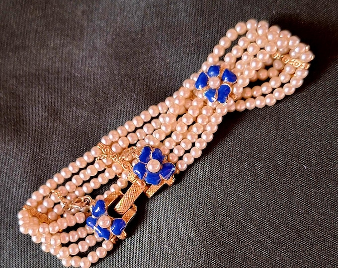 Ciner Faux Pearl Enamel Blue Flower Bracelet